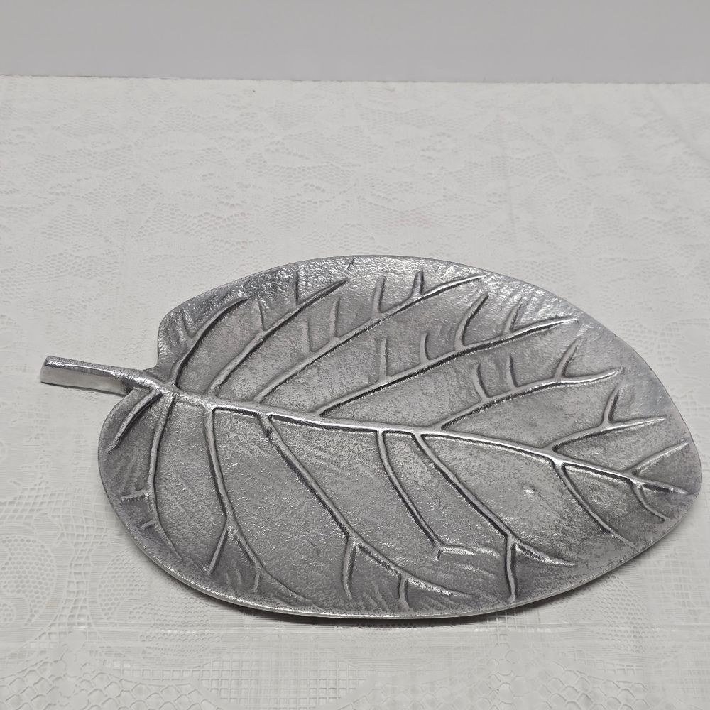 Modernist Silver Tone Metal Detailed Hosta Leaf Trinket Tray Plate